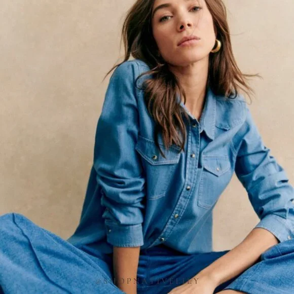 Sézane Women's Servanne Button Down Long Sleeve Shirt | 36 (4) | Chambray Denim - Picture 3 of 16